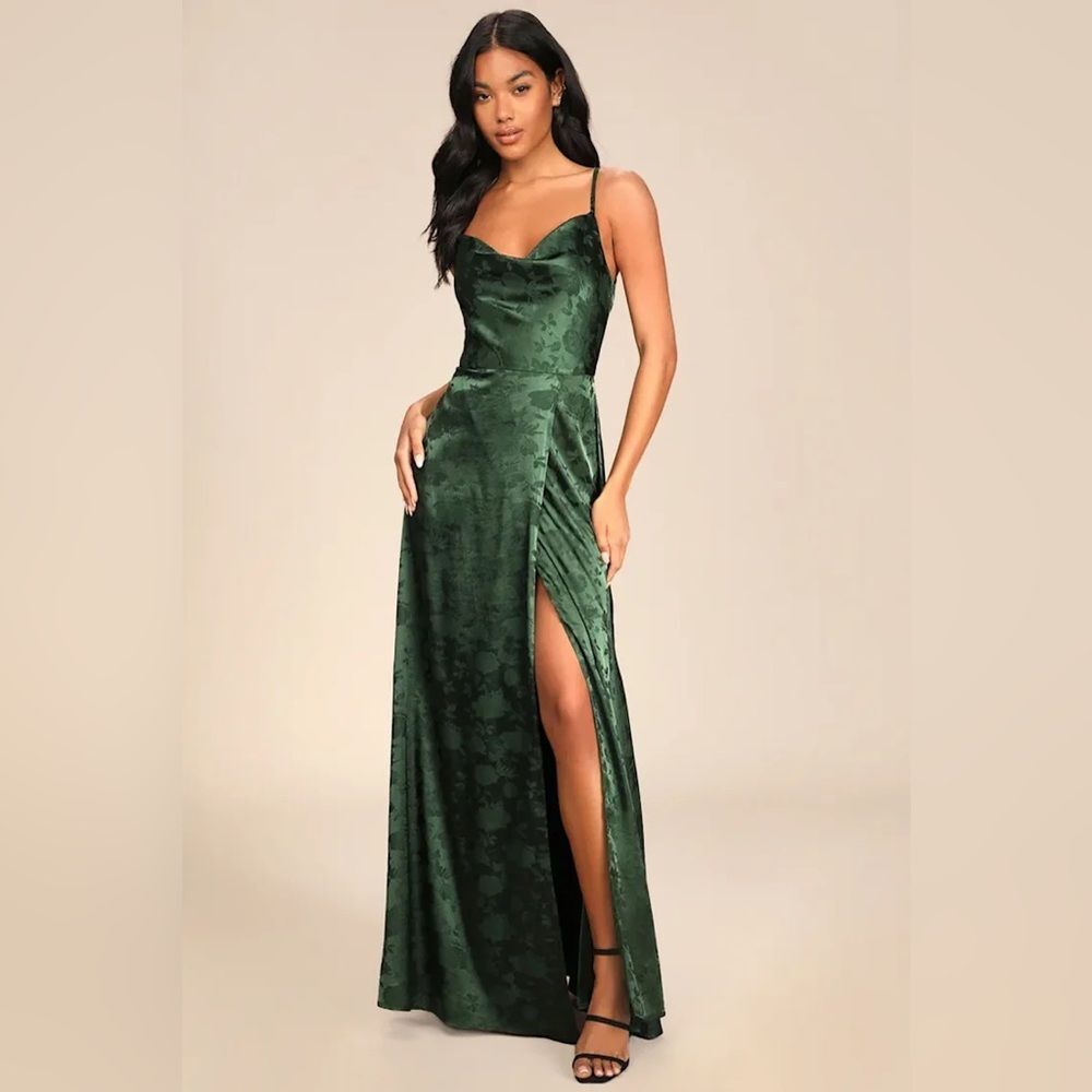 Lulus Simply Dreamy Emerald Green Satin Floral Jacquard Maxi Dress